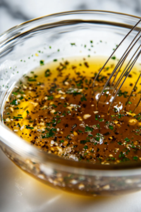 A glass mixing bowl on a white marble cooktop, filled with maple syrup, chicken broth, fresh lemon juice, Dijon mustard, and minced garlic. A whisk stirs the ingredients, blending them into a smooth, golden glaze.