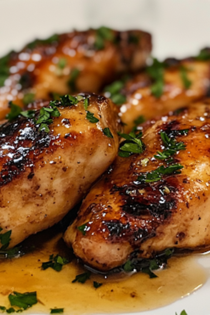 The finished maple-glazed chicken is beautifully plated on a white dish over a white marble cooktop. Freshly chopped parsley is sprinkled on top, enhancing the glossy, caramelized chicken, ready to be enjoyed.
