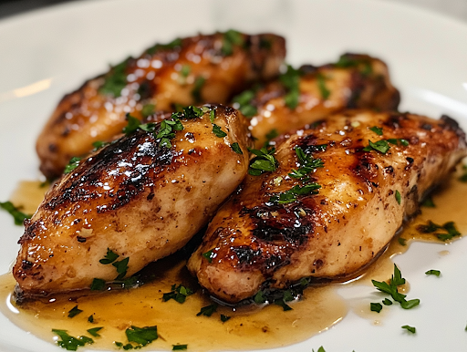 The finished maple-glazed chicken is beautifully plated on a white dish over a white marble cooktop. Freshly chopped parsley is sprinkled on top, enhancing the glossy, caramelized chicken, ready to be enjoyed.