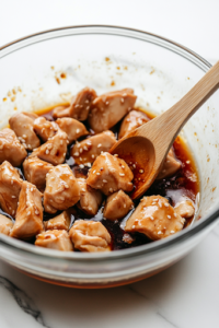 A close-up shot of a glass mixing bowl on the white marble cooktop, filled with small chicken pieces coated in a golden marinade of soy sauce, dry sherry, and cornstarch. The marinade glistens as the chicken absorbs the flavors, while a wooden spoon rests on the edge of the bowl, ready for mixing.