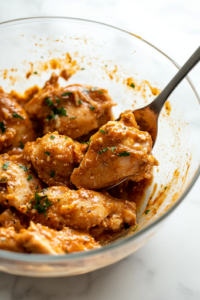 A glass mixing bowl on a white marble cooktop holds boneless chicken thighs coated in a creamy marinade of Greek yogurt, minced garlic, ginger, and fragrant Indian spices. A spoon rests in the bowl, ready to mix the flavors together.