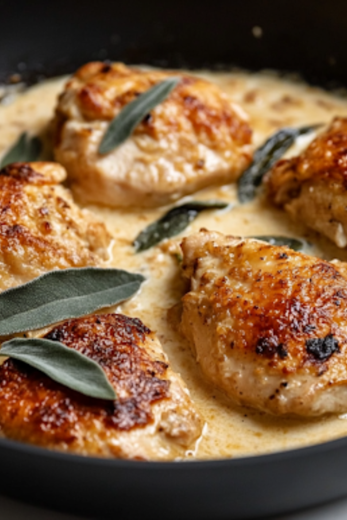 A close-up shot of a black skillet on a white marble cooktop, where the finished Mary Berry chicken casserole is ready to be served. The golden-brown chicken is coated in a rich, creamy sauce, beautifully garnished with crispy sage leaves, making it an irresistible comfort dish.