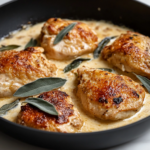 A close-up shot of a black skillet on a white marble cooktop, where the finished Mary Berry chicken casserole is ready to be served. The golden-brown chicken is coated in a rich, creamy sauce, beautifully garnished with crispy sage leaves, making it an irresistible comfort dish.