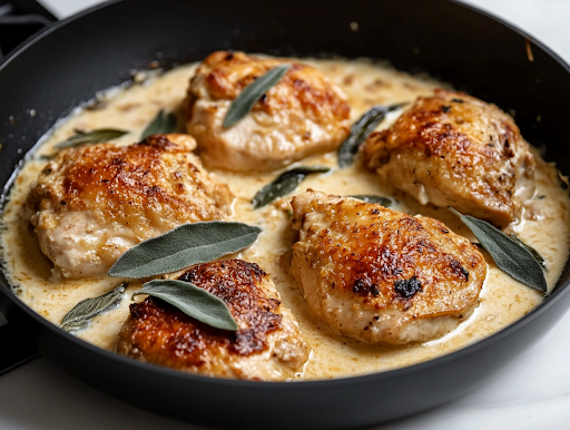 A close-up shot of a black skillet on a white marble cooktop, where the finished Mary Berry chicken casserole is ready to be served. The golden-brown chicken is coated in a rich, creamy sauce, beautifully garnished with crispy sage leaves, making it an irresistible comfort dish.