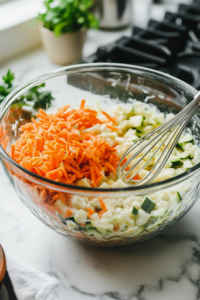 A close-up of a glass mixing bowl on a white marble cooktop, filled with mashed bananas, shredded carrots, and zucchini. A whisk rests beside the bowl, ready to mix in vegetable oil, yogurt, and eggs for a moist muffin batter.