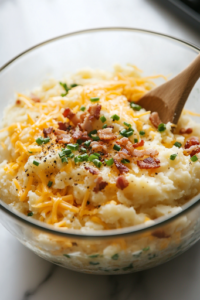 A close-up of a glass mixing bowl on a white marble cooktop, filled with creamy mashed potatoes, beaten eggs, shredded cheddar cheese, crispy bacon bits, freshly chopped chives, and black pepper. A wooden spoon is ready to mix the ingredients into a flavorful blend.