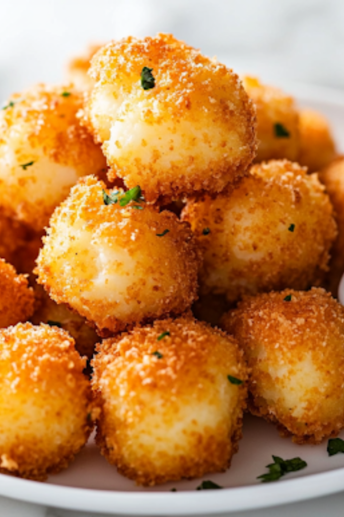 A close-up of a serving plate on a white marble cooktop, with crispy, golden cheesy mashed potato bites neatly stacked. A small dish of sour cream sits beside them, perfect for dipping and enjoying.