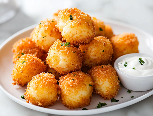 A close-up of a serving plate on a white marble cooktop, with crispy, golden cheesy mashed potato bites neatly stacked. A small dish of sour cream sits beside them, perfect for dipping and enjoying.