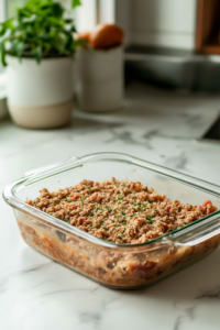 A close-up shot of a greased glass baking dish on the white marble cooktop, with the seasoned meat mixture evenly pressed into it. The surface is smooth, and the edges are neatly packed, ensuring even cooking as it gets ready to go into the oven.