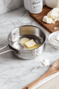 A close-up shot of a shiny stainless steel saucepan on the white marble cooktop, with butter slowly melting over low heat. A wooden spoon is poised to stir, while a small bowl of flour and salt sits nearby, ready to be added to create a smooth roux.