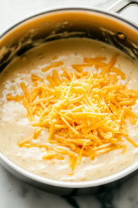 A close-up shot of the saucepan on the white marble cooktop, with shredded Cheddar cheese being stirred into the creamy sauce. The cheese melts completely, creating a velvety, golden mixture that will coat the potatoes perfectly.