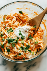 A close-up shot of a glass mixing bowl on a white marble cooktop, filled with shredded chicken, buffalo sauce, cream cheese, ranch dressing, chopped cilantro, and scallions. A wooden spoon is stirring the creamy, spicy mixture, ensuring all ingredients are well combined into a smooth and flavorful filling.
