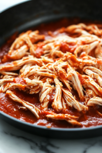 A black skillet on a white marble countertop where shredded chicken is being mixed with vibrant red buffalo sauce and deep red marinara sauce. The rich, glossy sauce coats the chicken evenly as it simmers, infusing it with bold flavors.