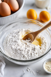 A close-up view of a glass mixing bowl on a white marble cooktop, filled with flour, sugar, baking powder, salt, eggs, milk, vanilla, and melted butter. A wooden spoon is stirring the smooth, creamy batter, ensuring all ingredients are well combined before pouring it into a greased 9×13-inch baking dish.
