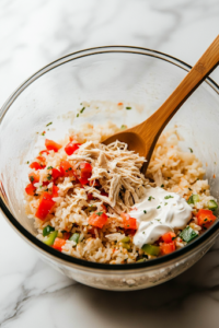 A close-up shot of a glass mixing bowl on a white marble cooktop, where shredded chicken, instant rice, cream of chicken soup, sour cream, frozen diced bell peppers, diced tomatoes with chilies, chicken broth, and fajita seasoning are being whisked together into a creamy, flavorful mixture for the Chicken Fajita Rice Casserole.