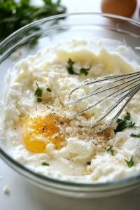 A glass mixing bowl on a wooden countertop filled with creamy cottage cheese, cracked eggs, shredded Parmesan cheese, and a sprinkle of dry ranch seasoning. A whisk is partially submerged, ready to blend the ingredients into a smooth and flavorful mixture.