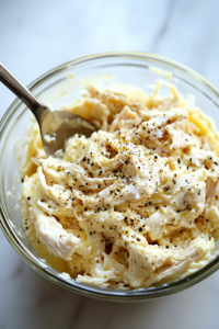 A glass bowl filled with shredded chicken sits on a white marble cooktop. A spoon is mixing in creamy mayonnaise, Dijon mustard, salt, and pepper, blending everything into a smooth and well-coated mixture, ready for spreading.