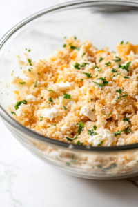 A close-up shot of a glass mixing bowl on a white marble cooktop, filled with diced chicken, Italian-seasoned bread crumbs, finely chopped onion, shredded mozzarella cheese, a beaten egg, mayonnaise, salt, pepper, and garlic powder. A fork is actively stirring the mixture, ensuring all ingredients are evenly combined into a well-seasoned, cohesive blend, preparing it for shaping into patties.
