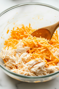A glass mixing bowl on the white marble cooktop is filled with shredded chicken and cheddar cheese. A wooden spoon rests inside, ready to mix the ingredients into a creamy, cheesy filling.