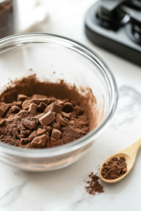 A glass mixing bowl on the white marble cooktop filled with brown sugar and ground cinnamon being whisked together. A small wooden spoon rests on the side, ready to mix the ingredients into a fragrant, spiced blend.