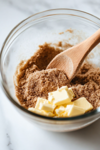 A close-up of a glass mixing bowl on a white marble cooktop, with brown sugar, softened butter, and cinnamon being mixed together using a wooden spoon. The mixture is smooth, rich, and evenly blended, ready to be spread onto the dough.