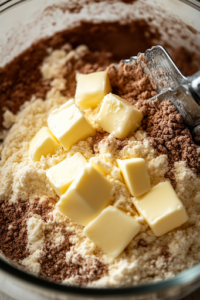 A close-up shot of a separate mixing bowl containing flour, brown sugar, granulated sugar, and cinnamon. Cold cubes of butter are being cut into the mixture with a pastry cutter, forming a crumbly, textured topping for the pie.