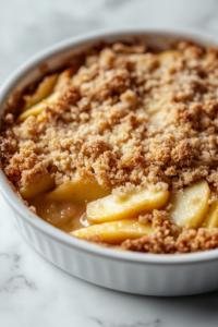 A close-up shot of hands generously sprinkling the buttery crumble topping over the apple filling. The texture is chunky and crisp, creating a perfect contrast against the spiced apples beneath.