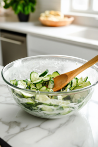 A large glass mixing bowl on the white marble cooktop with cucumber slices being gently tossed in the freshly prepared dressing. A wooden spoon stirs the mixture, evenly coating the cucumbers for a well-balanced flavor.