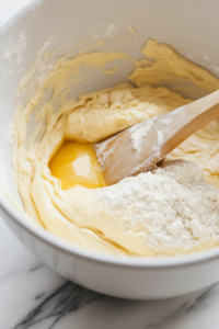 A close-up of a large mixing bowl on a white marble cooktop, where the yeast mixture, egg, melted butter, salt, and flour are combined. A wooden spoon stirs the ingredients, creating a sticky dough that will soon be kneaded into soft rolls.