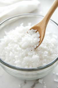 A close-up shot of the same glass mixing bowl on the white marble cooktop, now with salt, oil, and all-purpose flour being gradually added. A wooden spoon stirs the ingredients, forming a shaggy dough that will soon be kneaded into a smooth consistency.