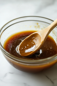 A close-up view of the same glass mixing bowl now containing vanilla extract and self-rising flour. A wooden spoon gently folds the ingredients together, creating a thick and smooth batter with a rich golden hue.