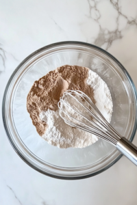 A close-up shot of a glass mixing bowl placed on a white marble cooktop, filled with all-purpose flour, baking powder, and salt. A metal whisk is mid-motion, blending the dry ingredients evenly to ensure a well-mixed base for the cranberry orange loaf.