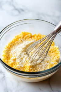 A close-up view of a glass mixing bowl placed on a white marble cooktop, filled with yellow cornmeal, all-purpose flour, sugar, baking powder, and salt. A metal whisk rests inside the bowl, ready to mix the dry ingredients evenly for the Sweet Cornbread Poppers.