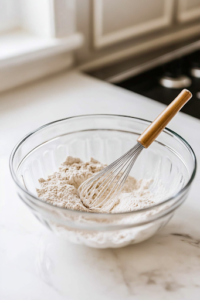 A close-up of a glass mixing bowl on a white marble cooktop, filled with sifted flour, brown sugar, baking powder, cinnamon, nutmeg, and salt. A whisk is partially submerged, blending the dry ingredients into a smooth, even mixture.