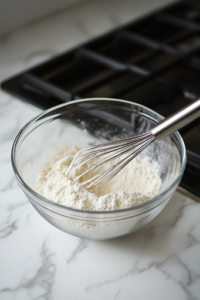 A glass mixing bowl on the white marble cooktop filled with granulated sugar, flour, cinnamon, salt, and spices. A whisk is stirring the ingredients together, ensuring an even blend of dry components for the crustless apple pie.