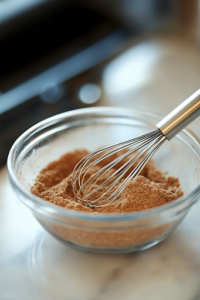 A close-up of a small glass bowl on a white marble cooktop, containing plain flour, baking powder, salt, mixed spice, and ground ginger. A mini whisk blends the dry ingredients together, ensuring an even distribution of flavors for the spiced currant cookies.