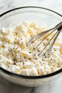 A close-up shot of a glass mixing bowl on the white marble cooktop, filled with cracked eggs, cottage cheese, milk, salt, and pepper. A metal whisk is mid-motion, blending the ingredients into a smooth and creamy mixture, ensuring even distribution of flavors for a fluffy egg bake.
