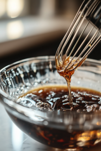 A glass mixing bowl on a white marble cooktop holds a rich blend of soy sauce, bourbon, honey, ketchup, water, vinegar, garlic paste, brown sugar, cornstarch, and salt. A whisk stirs the ingredients, creating a smooth and flavorful honey bourbon glaze.