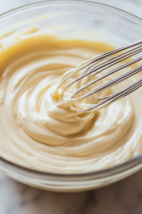 A glass mixing bowl on a white marble cooktop filled with a smooth, creamy sauce made of mayonnaise, honey, and yogurt. A whisk stirs the mixture, creating a rich, glossy, and velvety texture, perfect for coating the crispy shrimp.