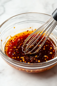 A close-up shot of a glass bowl on a white marble cooktop, filled with orange marmalade, Dijon mustard, barbecue sauce, sambal oelek, and soy sauce. A whisk is actively mixing the vibrant, golden glaze, creating a smooth, glossy texture with a perfect balance of sweet, tangy, and spicy flavors.