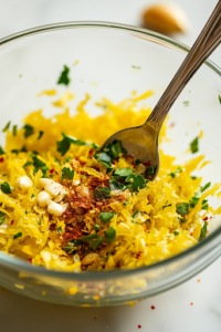 A glass mixing bowl on the white marble cooktop containing lemon zest, lemon juice, finely chopped parsley, pickling spice, minced garlic, and red pepper flakes. A spoon is stirring the vibrant mixture, combining all the flavors.