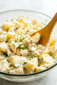 A close-up of a wooden spoon stirring the potato salad inside the glass bowl on a white marble cooktop. The ingredients are evenly coated in a rich, creamy dressing, blending together for a smooth texture.