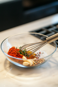 A close-up shot of a glass bowl on a white marble cooktop, filled with olive oil, adobo sauce, minced garlic, chili powder, cumin, oregano, salt, and black pepper. A whisk is partially submerged, blending the rich, smoky marinade into a smooth and flavorful mixture.