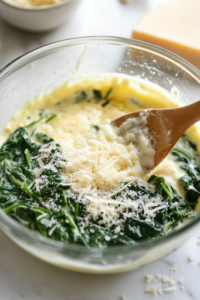 A close-up shot of a glass mixing bowl on the white marble cooktop, as chopped spinach and grated Parmesan cheese are stirred into the egg mixture with a rubber spatula. The ingredients blend together, creating a creamy and well-balanced mixture for baking.