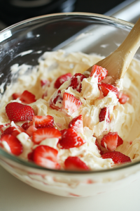 A close-up shot of a glass mixing bowl on the white marble cooktop, as the diced strawberries are gently folded into the smooth cream cheese mixture using a rubber spatula. The mixture takes on a creamy, speckled pink appearance with bits of fresh berries throughout.
