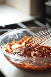 A close-up shot of a glass mixing bowl on a white marble cooktop, where sweet chili sauce, soy sauce, hoisin sauce, minced garlic, and chili flakes are being whisked together. The sauce has a glossy, thick texture, blending into a rich and flavorful glaze for the crispy chicken.