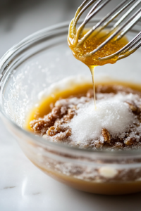 A close-up view of a glass mixing bowl placed on a white marble cooktop, filled with white sugar, brown sugar, eggs, melted butter, and vegetable oil. A whisk is mid-motion, blending the ingredients into a smooth, golden mixture, forming the base for the Sweet Alabama Pecan Bread batter.
