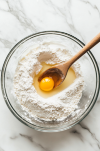 A close-up view of the same glass mixing bowl now containing milk, melted butter, honey, and a cracked egg added to the dry ingredients. A wooden spoon stirs the mixture gently until just combined, forming a smooth, golden batter.