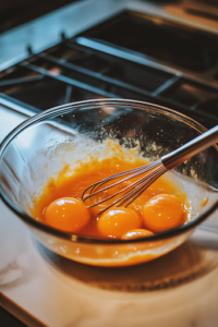 A close-up view of a glass mixing bowl on a white marble cooktop, where eggs, sugar, vegetable oil, and pumpkin purée are being whisked together. The mixture is smooth and golden-orange, with a whisk resting on the side, ready for the next step in making pumpkin bars.