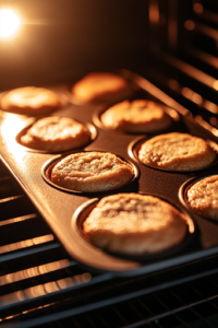 A close-up of the muffin tin inside a preheated oven at 350°F, with muffins rising and turning golden brown. The oven light highlights the bubbling texture of the batter as it bakes into soft, fluffy muffins.